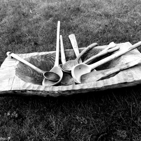 Hand carved bowl and spoons